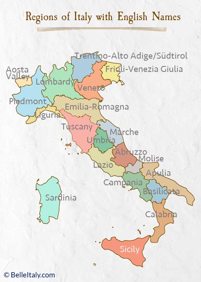 Map of Italy Regions - English Labels