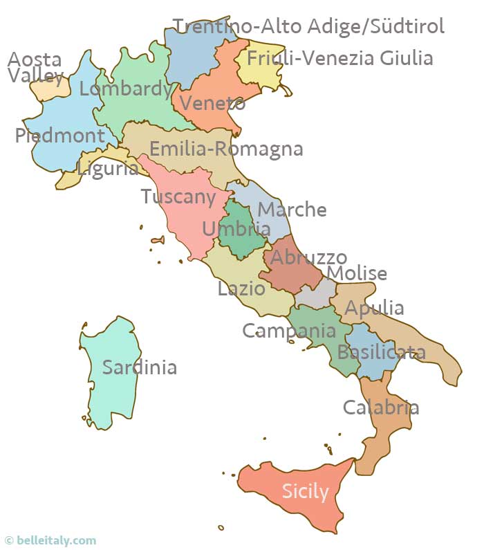 Map of Italy Regions - English Labels