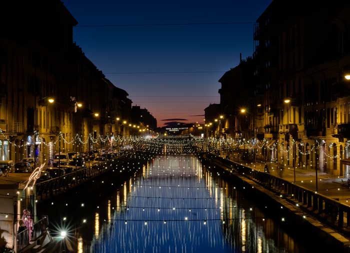 Nightlife in the Naviglio Grande Canal, Milan, Italy